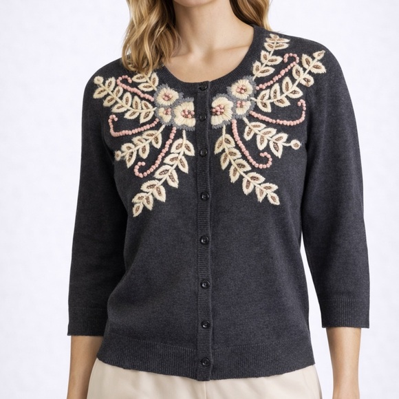 Anthropologie Tabitha Charcoal Beaded Cardigan | Floral Embroidery | Medium - Picture 6 of 11